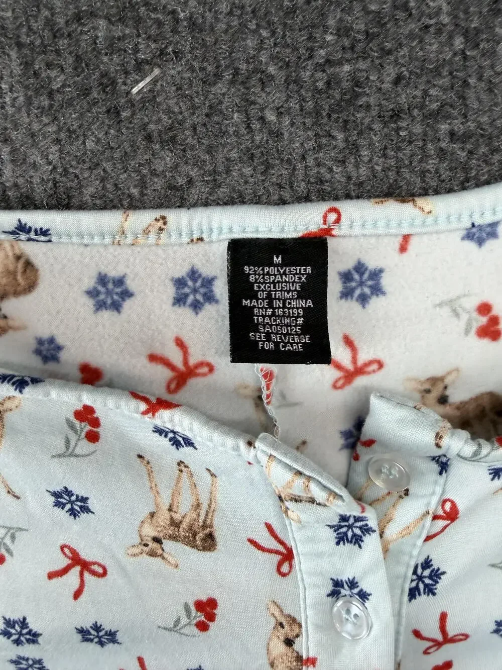 Pajama Romper Womens M Blue Deer Snowflake Christmas Fleece Button Long Sleeve